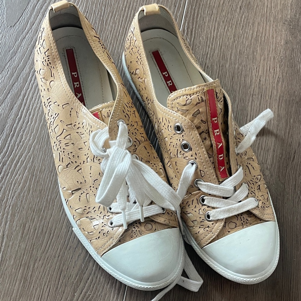 Prada Beige Lace-Up Sneakers with White Accents